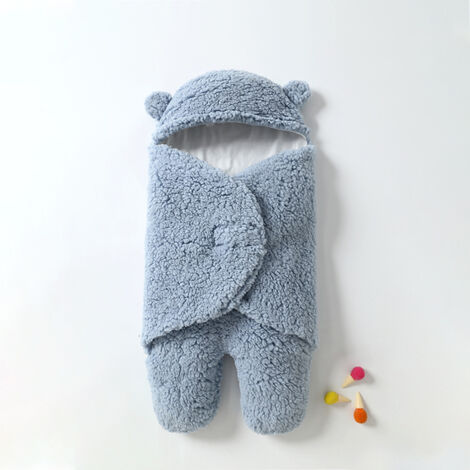 Cadeaux pour bébé 0-6 mois Vêtements bébé mignons Gigoteuse Couverture épaisse en coton peluche Couverture d'emmaillotage (Bleu)