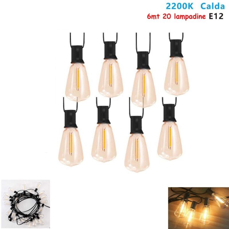 Cadena De Luces 6mt Con 20 Bombillas E12 Exterior Luz Cálida 2200k