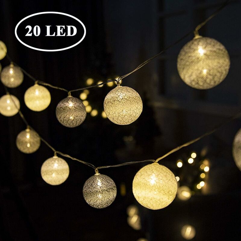 

Cadena de luces de bola de 20 LED de color blanco cálido Ø 6 cm Cadena de luces de algodón Decoración para habitación de bebé, fiesta, Navidad, boda