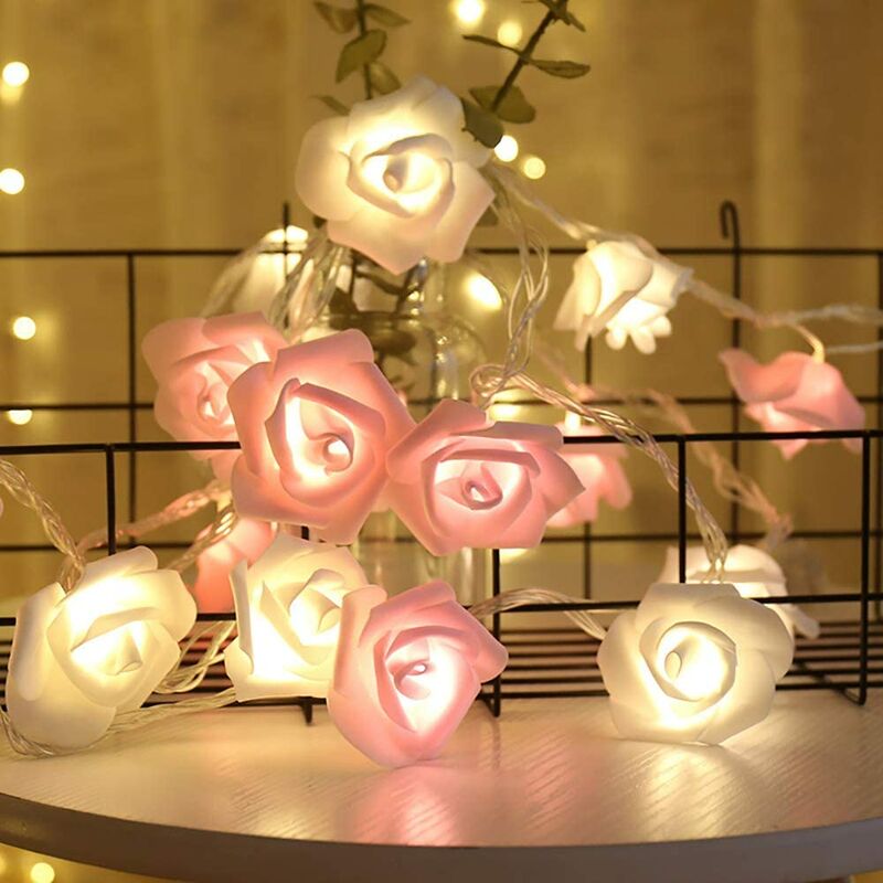 

Cadena de luces de hadas de rosas 3M 20 LED con pilas Flor rosada blanca cálida Luces de hadas de rosas Decoración romántica del jardín del hogar