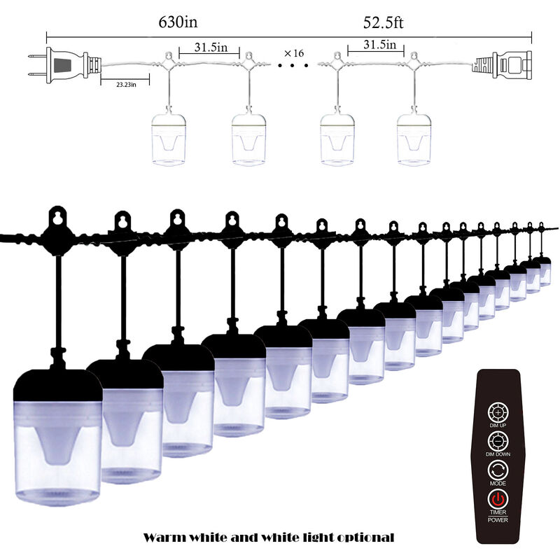 

Cadena de luces para patio, luces de jardin impermeables, 8 modos, con temporizador, 52.5FT, luz blanca calida, 16 lamparas