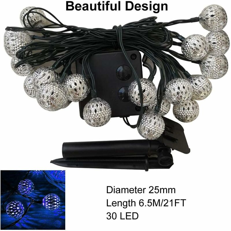 

Cadena de luces solares ， 6.5M 30LED Plata Impermeable Cadena de luces marroquíes para decoraciones navideñas de fiesta en el jardín interior al aire