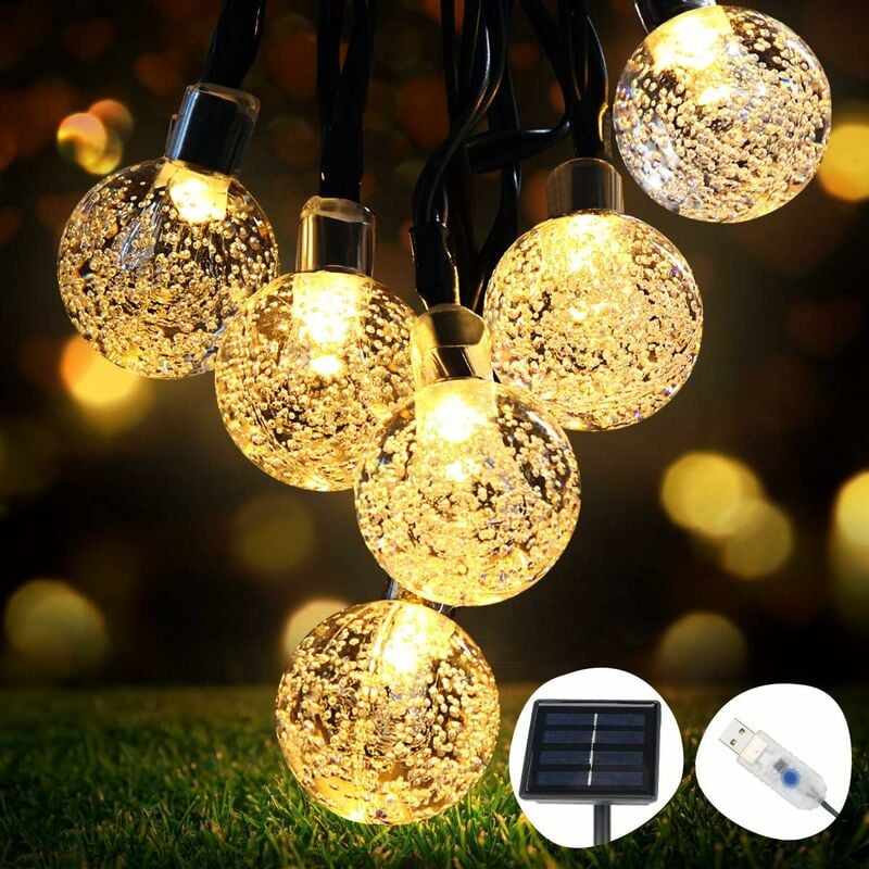 

Cadena de luces solares, luces de hadas 50 bolas de cristal LED IP65 a prueba de agua, conector USB adicional, 8 modos de luces decorativas para