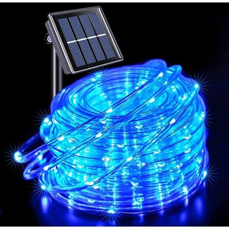 Cadena de luces solares para exterior, 12 m, 100 LED, 8 modos de iluminación, impermeable, ideal para decoraciones de Halloween, jardines y árboles, azul