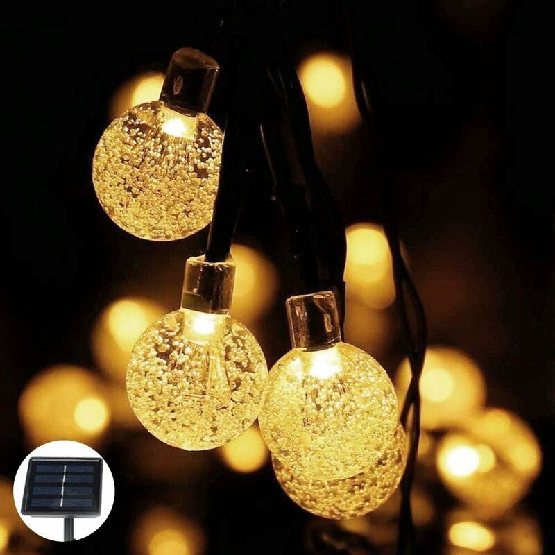 

Cadena de luz solar al aire libre, bolas de cristal LED de los años 50, cadena de luz de alambre de cobre solar de 8 metros, cadena de luz solar