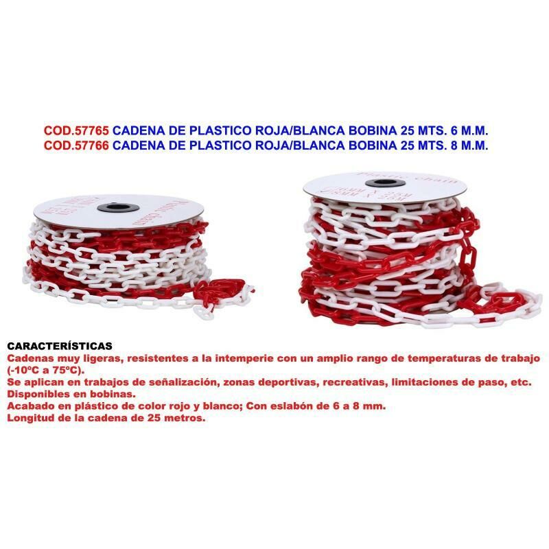 

cadena de plastico roja-blanca bobina 25 mts. 8 m.m. - Mibricotienda