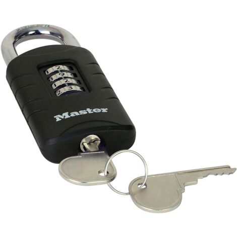 Cadenas 40mm Aluminium combinaison frontale 4 chiffres avec clé de secours MASTERLOCK - 656EURDBLK