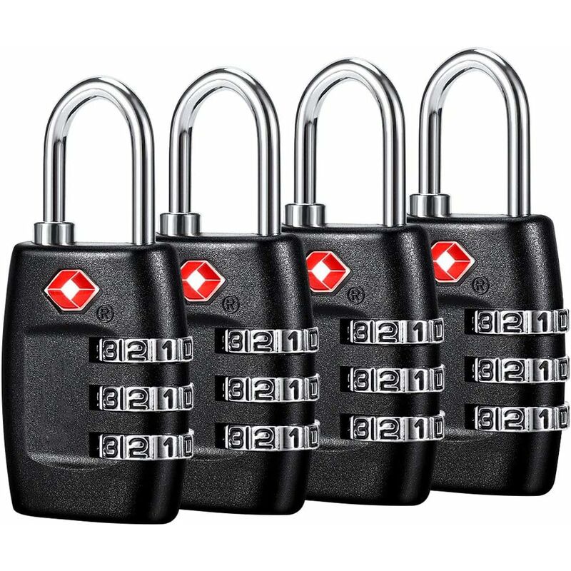 Sunxury - Cadenas à bagages (paquet de 4) – Cadenas à combinaison à 3 chiffres – Verrou de voyage approuvé pour valises et bagages (Noir)