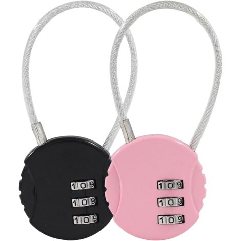 Cadenas à câble en acier, lot de 2 – Cadenas à combinaison pour valise – Acier inoxydable – Rose/Noir –