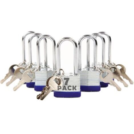 Cadenas à clé identique, lot de 7 avec 14 clés, anse extra longue, corps en acier laminé robuste de 40 mm (1-9/16"), antirouille, pour armoires intérieures et clôtures