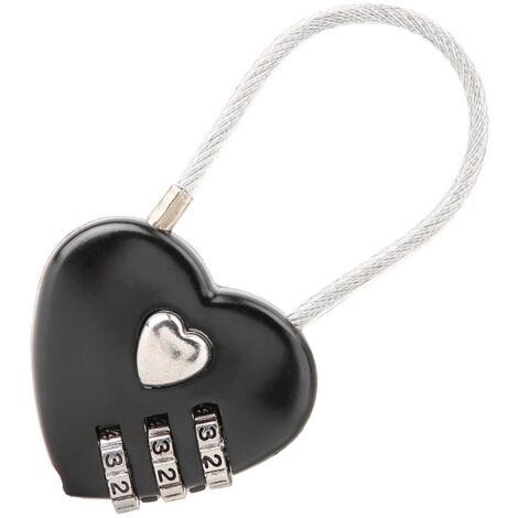 Cadenas à code en forme de cœur pour valises - Sécurité voyage cadenas 3 chiffres anti-ouverture (Noir)