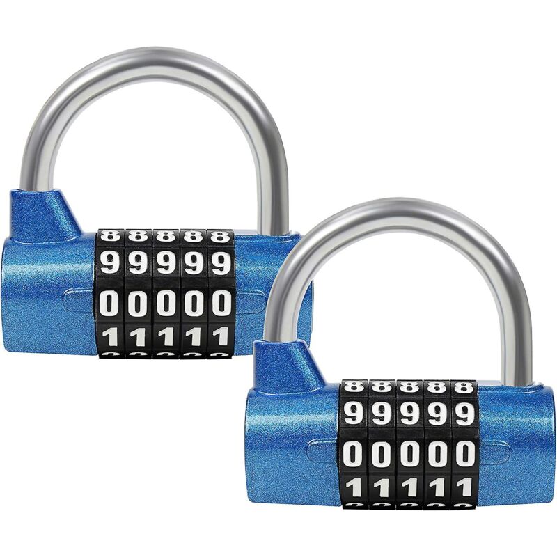 Cadenas bleu à code à 5 chiffres (lot de 2) - 6,5 x 2,5 cm - Cadenas intérieur/extérieur réinitialisable et étanche - Cadenas de salle de sport,