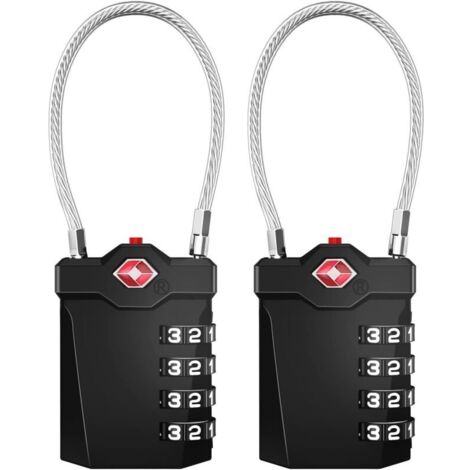 Cadenas de valise, cadenas à combinaison TSA à 4 chiffres avec alarme d'ouverture, cadenas de câble de salle de sport (2 pièces, noir)