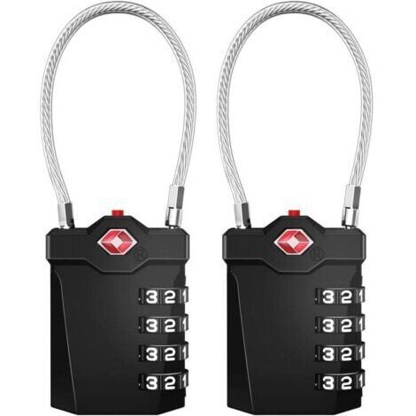 Cadenas de valise, cadenas à combinaison TSA à 4 chiffres avec alarme d'ouverture, cadenas de câble de salle de sport (2 pièces, noir)