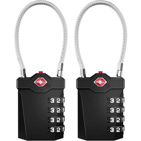 Cadenas de valise, cadenas à combinaison TSA à 4 chiffres avec alarme d'ouverture, cadenas de câble de salle de sport (2 pièces, noir)