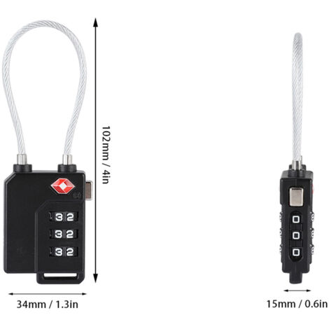 Cadenas de voyage à combinaison TSA 3 chiffres en acier pour valises et bagages (Noir)