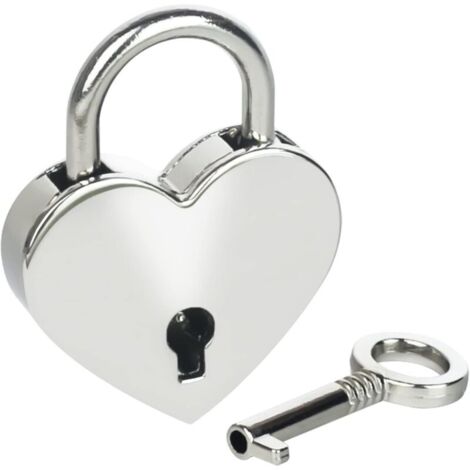 Cadenas décoratif vintage avec clé en forme de cœur, 3,9 x 3 x 0,7 cm, argenté