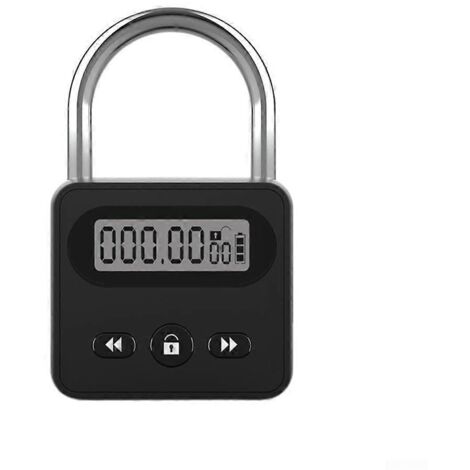 Cadenas électronique temporisé avec écran LCD, compte à rebours de 999 heures, chargement USB et conception résistante aux éclaboussures pour une utilisation en extérieur.