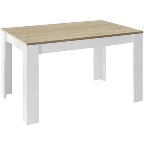 CADIZ - Table Repas Extensible Blanc Laqué Brillant Plateau Aspect Bois Cadiz