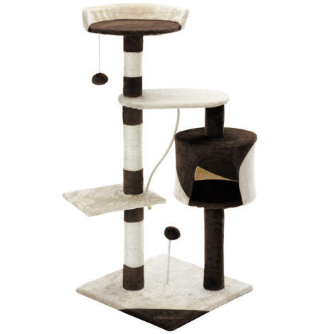 CADOCA® Katzenbaum 112 cm mit Katzenhöhle + 3 Aussichtplattformen + 2 Spielbälle + 1 Spielseil Kratzbaum Katzenkratzbaum Katzenmöbel   braun-beige