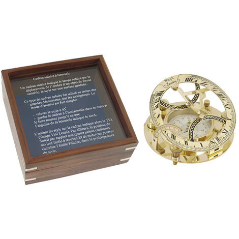Cadran solaire à boussole en laiton avec coffret