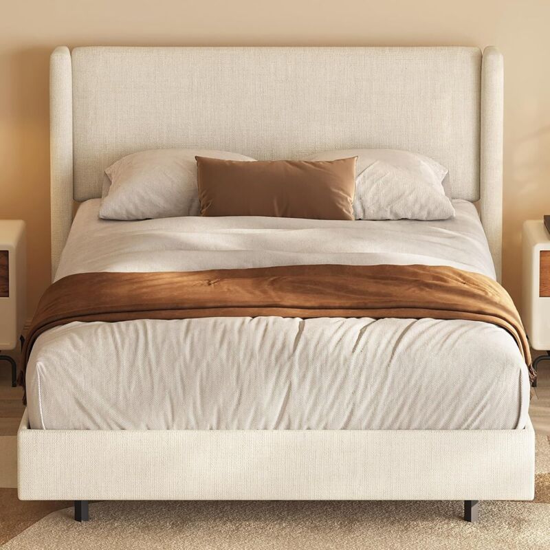 Cadre 140×200 cm avec Tête de Lit Tissu Gris Beige, Cadre à Lattes, Double Moderne, Scandinave, Chambre Contemporaine, Mobilier Salon, Design
