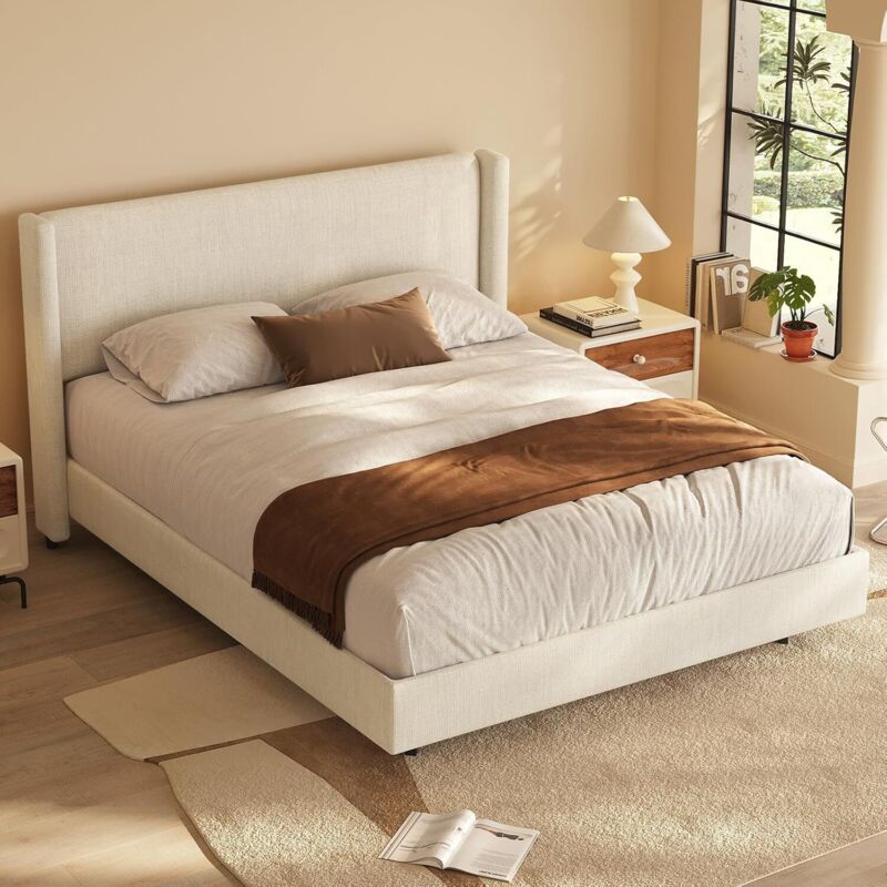 Cadre 160×200 cm avec Tête de Lit Tissu Gris Beige, Cadre à Lattes, Double Moderne, Scandinave, Chambre Contemporaine, Mobilier Salon, Design