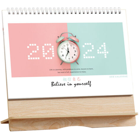 Cadre Calendrier Bois "Believe in Yourself" 2024, Éphéméride Cartoon Moderne Décor Bureau, Cadre Horizontal Personnalisable Décoratif Bois Nature