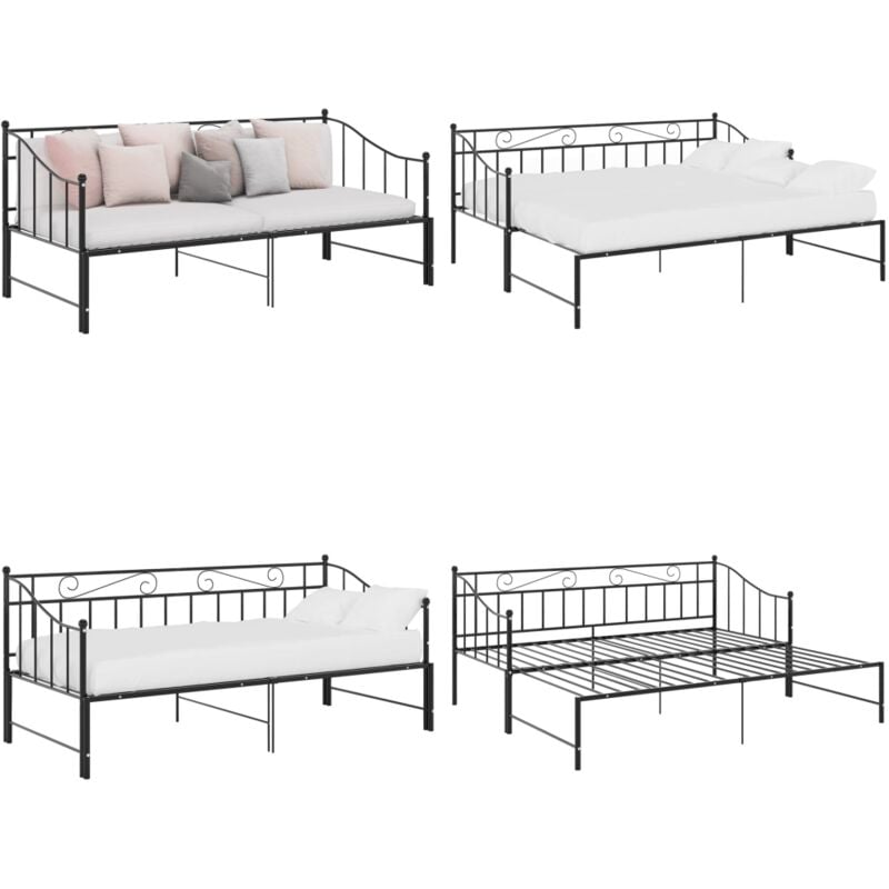 Cadre de canapé-lit extensible sans matelas Noir Métal 90x200cm - Canapé Convertible - Lit Invité - Lit Compact - Cadre Lit - Literie - Home & Living