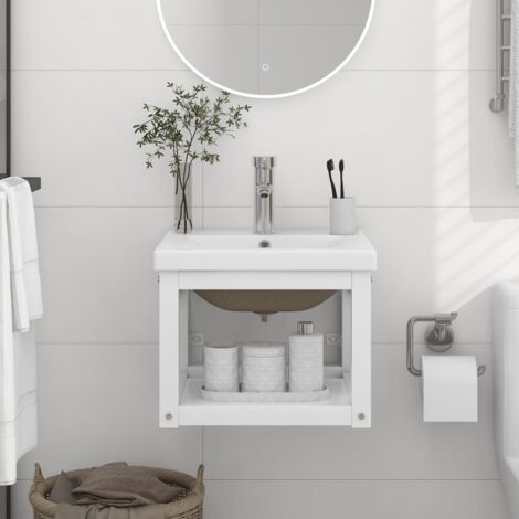Cadre de lavabo de salle de bain，Meuble de rangement vasque à encastrer Blanc Fer CFW430492