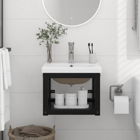 Cadre de lavabo de salle de bain，Meuble de rangement vasque à encastrer Noir Fer CFW231898