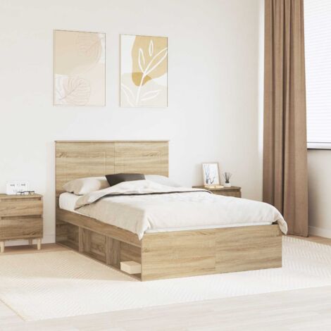 Cadre de Lit 120x200 cm Sonoma avec Tête de Lit en Pin Massif et Bois d'Ingénierie