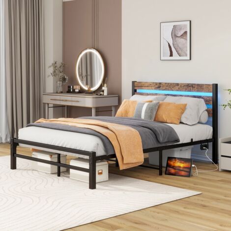Cadre de lit 120x200 métal avec LED, Lit Simple station USB et support couche acier, sans sommier, montage facile Brun (sans Matelas)