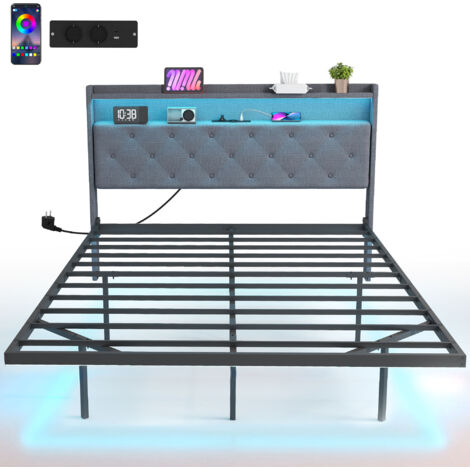 Cadre de lit 140 x 190 cm avec sommier acier, lit 2 personnes flottant avec lumières LED RGB et station de charge, gris
