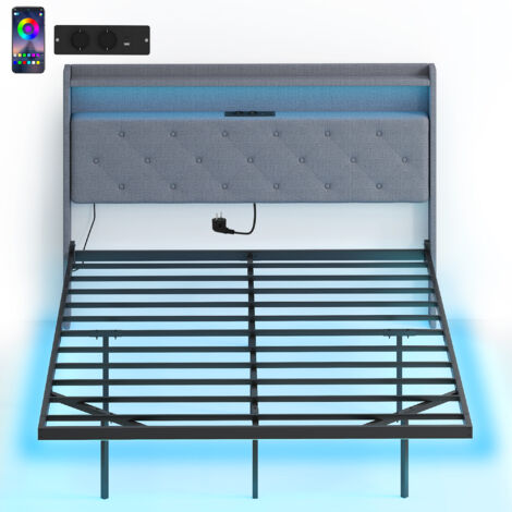 Cadre de lit 140 x 190 cm avec sommier acier, lit 2 personnes flottant avec lumières LED RGB et station de charge, gris