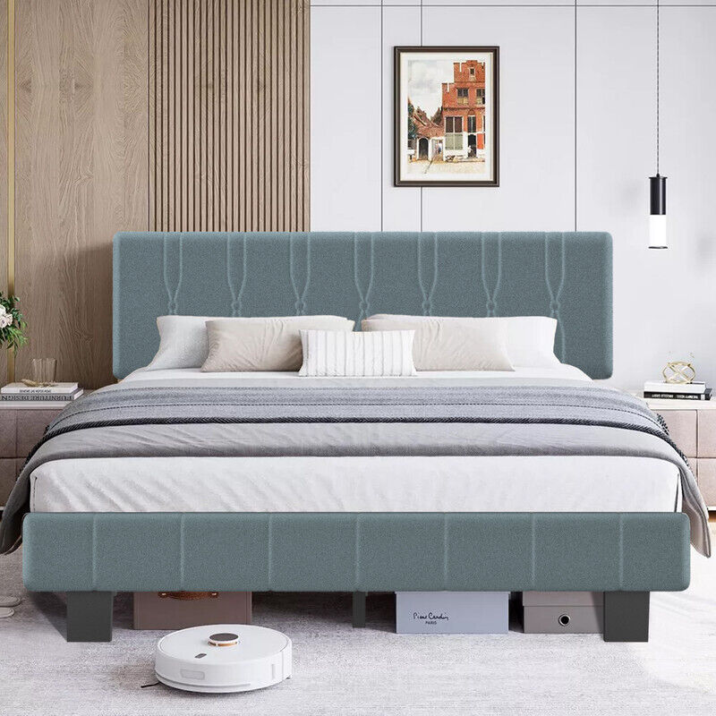Lit 140 x 200 cm. Avec tête de lit relevable et rembourrée,tissu de flanelle,supports en acier robustes et lattes en bois, antidérapant et