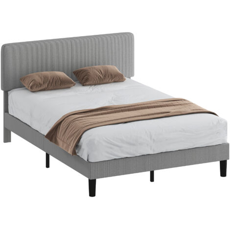 Cadre de lit 140 x 190 cm, sommier à lattes en bois, tête de lit réglable, matelas double rembourré en velours côtelé, gris