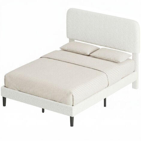 Cadre de lit 140x190 avec sommier, tête ajustable, lit double velours teddy, lattes métal blanc