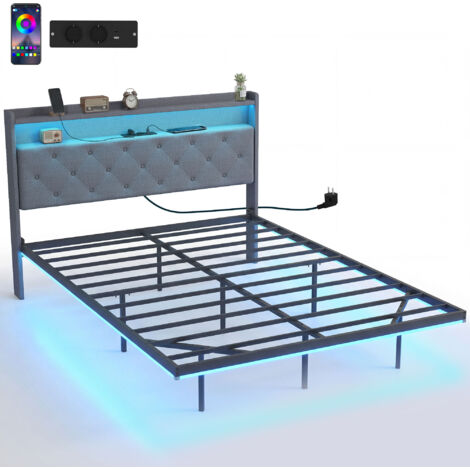 Cadre de lit 140x190 cm avec sommier en acier, lit double flottant à LED RGB et station de charge, gris