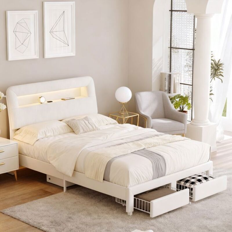 Cadre de lit 140x190 cm -Rangement de tête de lit - LED - USB - avec Sommier à Lattes - Velours - Beige
