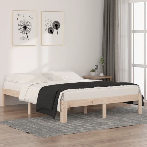 Cadre de Lit 140x190 en Pin Massif avec Lattes Contreplaqué, Structure Stable en Bois Rustique pour Matelas Standard - Assemblage Requis