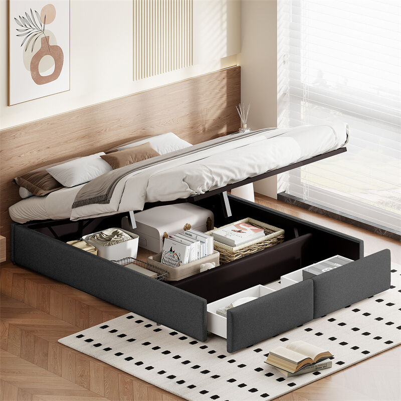 Lit coffre capitonné 140x200cm avec rangements, lattes en bois massif, sans tête de lit, avec 2 tiroirs, lin - Gris