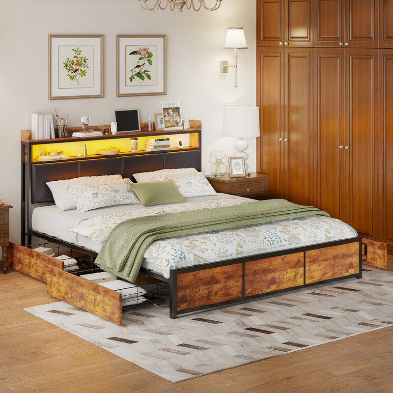 Blanketswarm - Cadre de Lit 180 x 200 avec Sommier en Métal, Lit 2 Personnes avec Rangement et led, Lit Double Rembourré avec 4 Tiroirs, lit pour