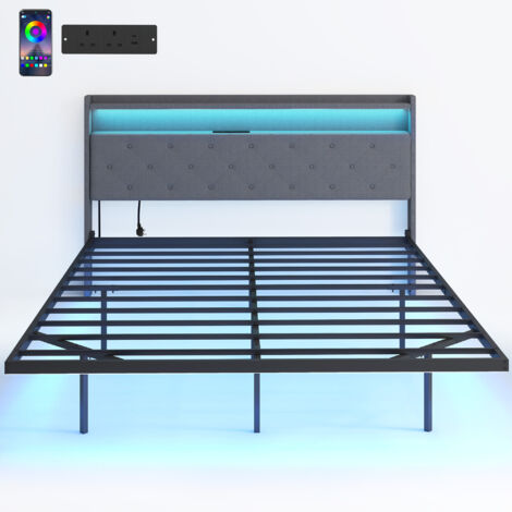 Cadre de lit 160 x 200 cm avec sommier acier, lit 2 personnes flottant avec lumières LED RGB et station de charge, gris
