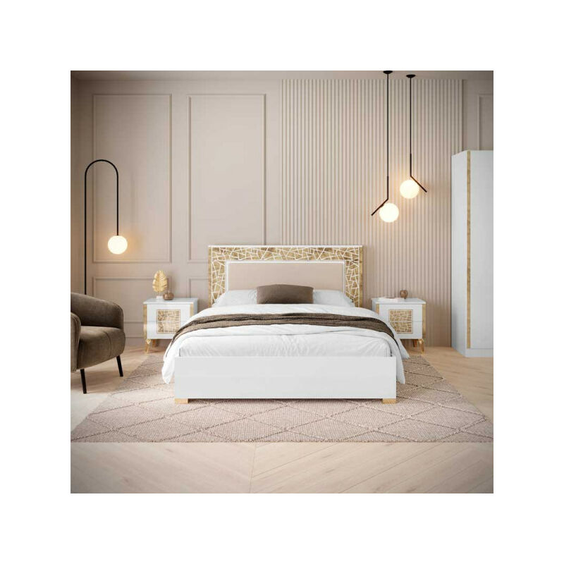TMM - Cadre de lit 160x200 Blanc brillant/Or - nahesa - l 168 x l 215 x h 112 cm