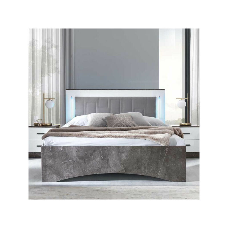 Cadre de lit 160x200 Blanc/Marbre - RISI - Lit : L 168 x l 215 x H 112 cm