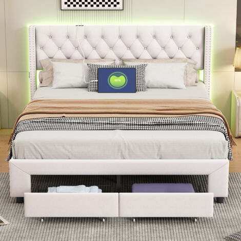 Cadre de lit 160x200 cm avec 2 tiroirs, Lit adulte double avec éclairage LED et port USB, sommier à lattes, tête de lit capitonné, Velours, Beige