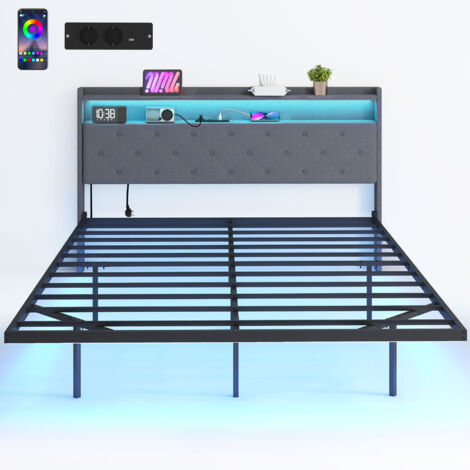 Cadre de lit 160x200 cm avec sommier acier, lit flottant 2 personnes, lumières LED RGB, station de charge USB, gris moderne.