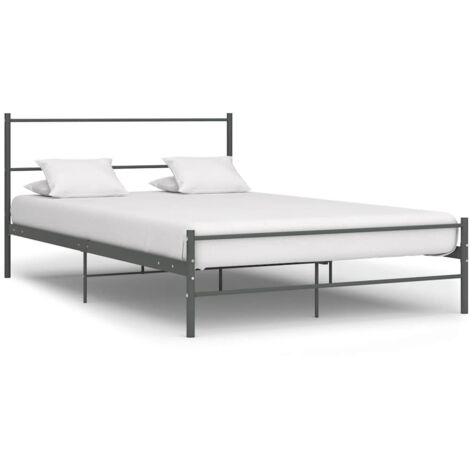 Cadre de lit 160x200 cm avec tête de lit en métal gris, pieds en bois, sommier à lattes métalliques pour soutien et rangement