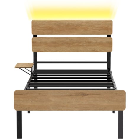 VASAGLE 140 x 190 avec Sommier Métal, Lit 2 Personnes, Éclairage LED, Port USB et TYPE-C, Espace de Rangement sous Le Lit, Style Industriel, Montage Facile, Marron Naturel